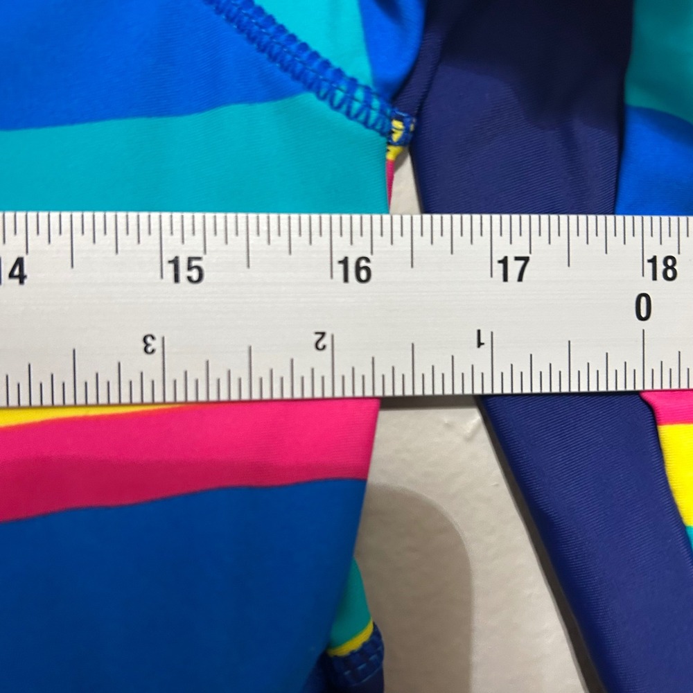 Girl Rash Guard Shirt Navy Blue Rainbow Stripe Long Sleeve Swim Top Built in Bra - Picture 4 of 9